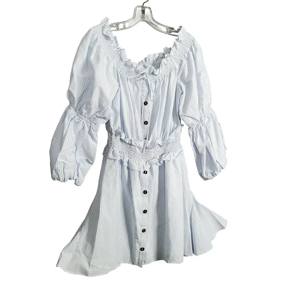 Gianni Bini Size L Dress Off Shoulder Puff Sleeve Coastal Stripe Country Cottage - Picture 1 of 12